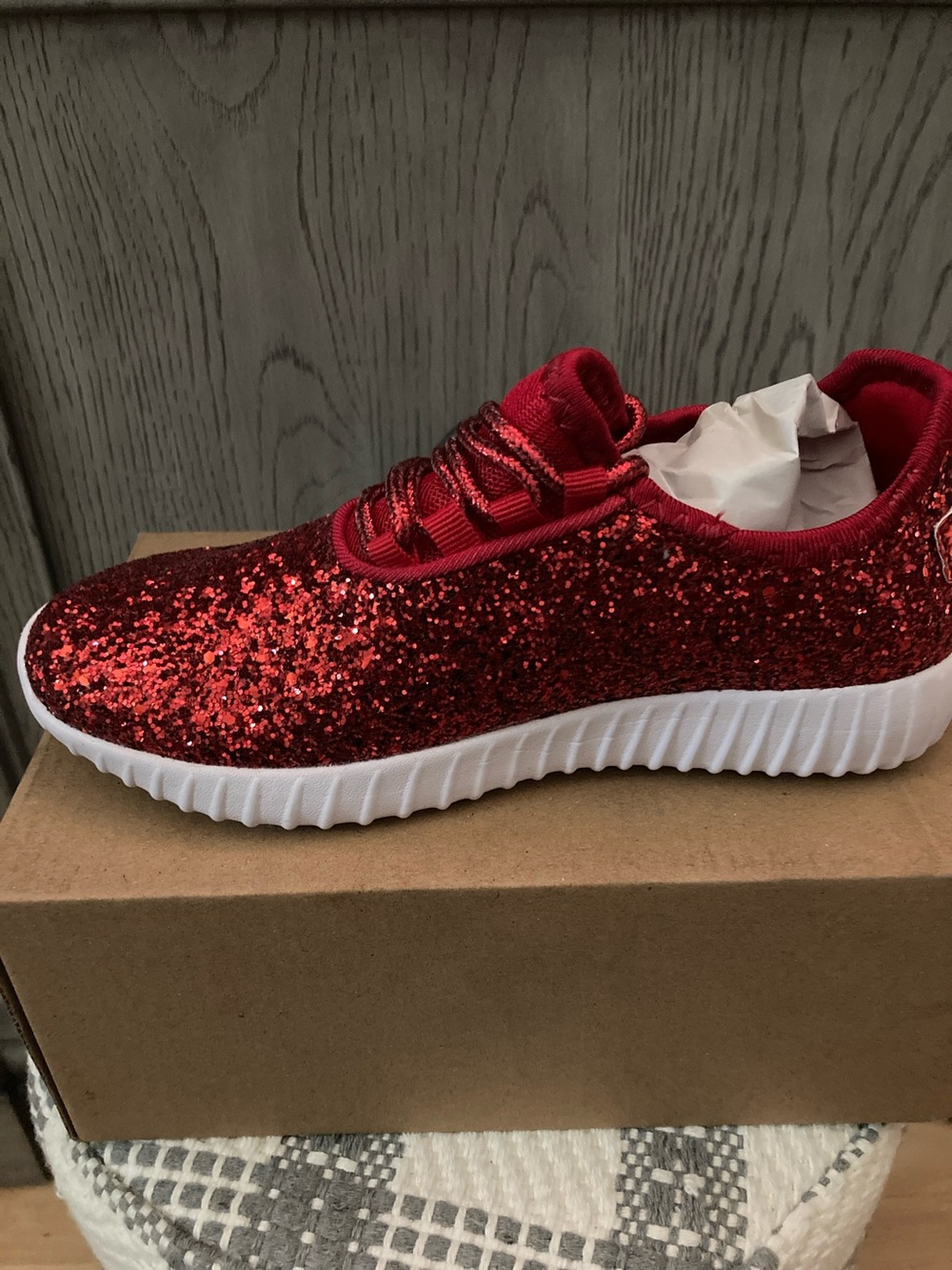 Sparkling Red Sequin Kids Sneaker with White Sole - Picture 3 of 7